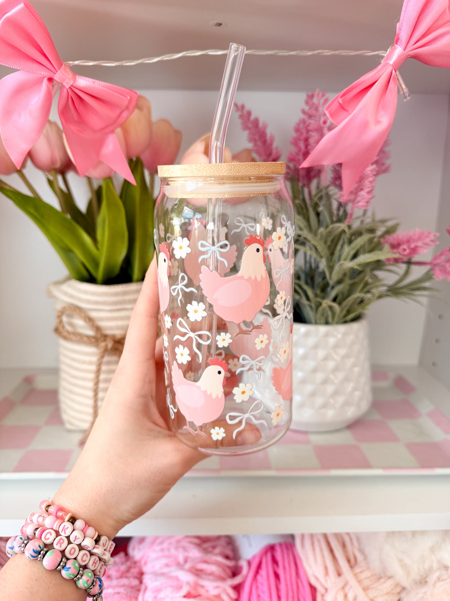 Chicken and Bow Glass Tumbler